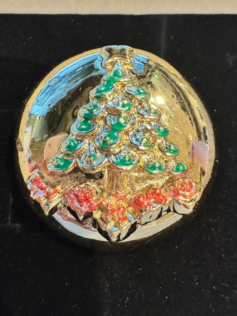 Vintage Christmas Tree Holiday Brooch with Green and Red Enamel